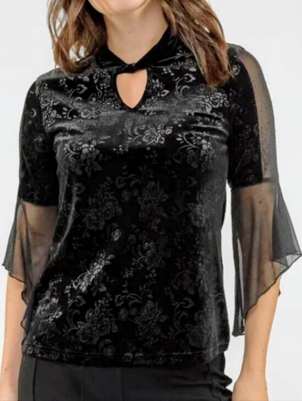 Black Velvet Keyhole Gothic Blouse with Sheer Bell Sleeves